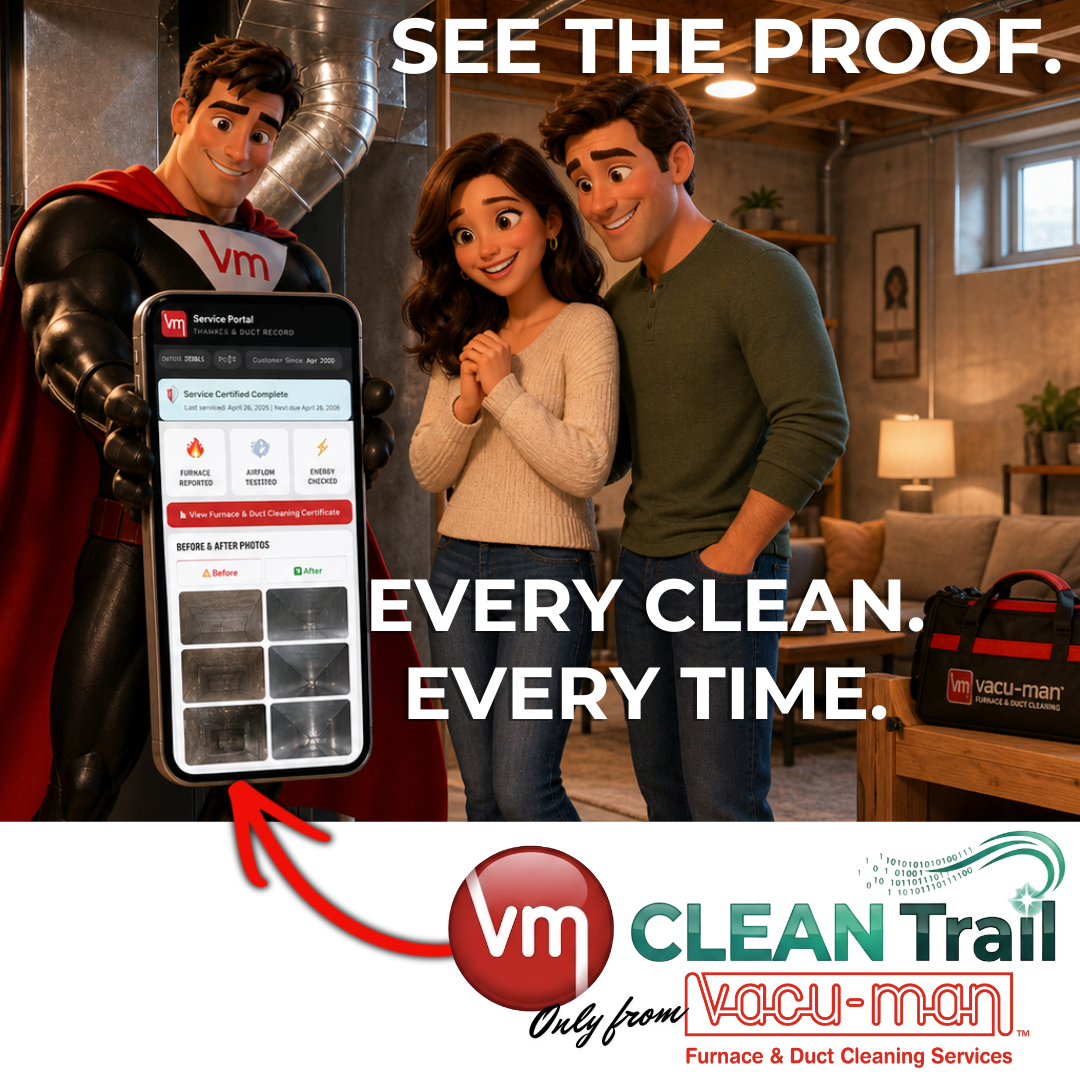 Customer holding phone showing VM CleanTrail portal with before and after duct cleaning photos
