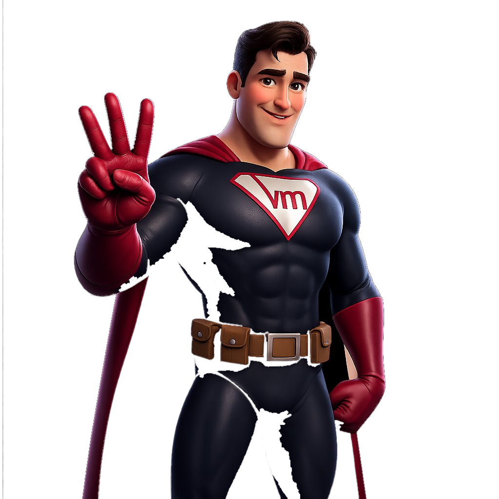 VM superhero holding up three fingers, marking the three steps of CleanTrail