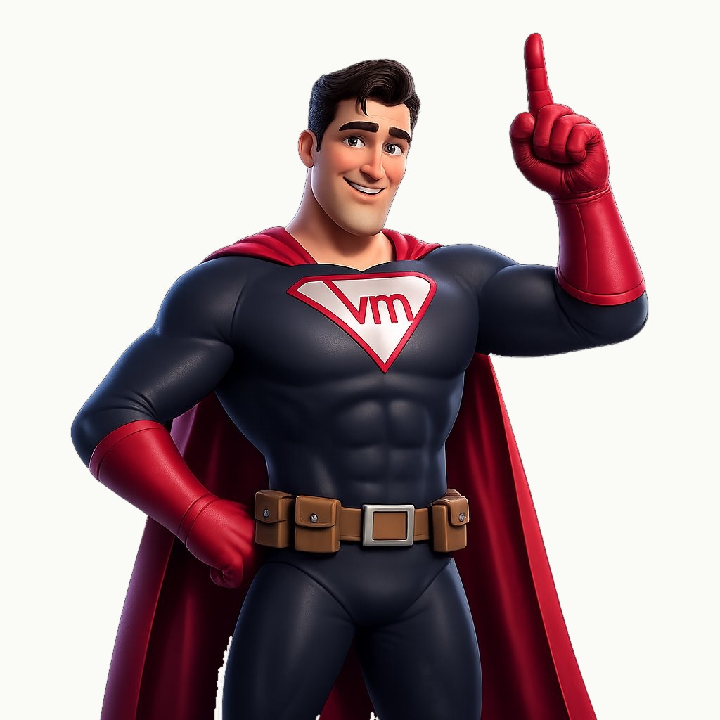 VM superhero pointing up to the questions