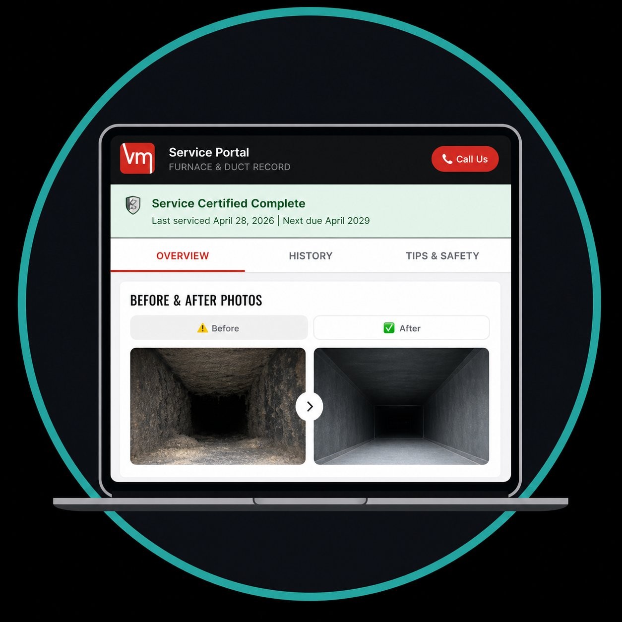 CleanTrail service portal showing before and after duct cleaning photos